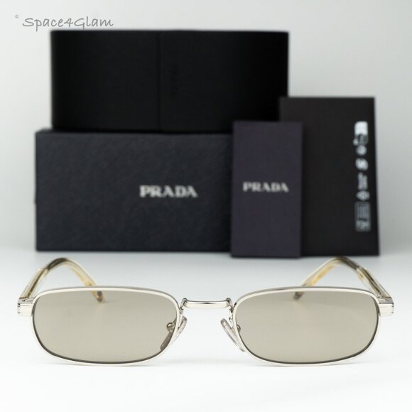 Prada Men Sunglasses Silver Brown Rectangle PRB54S 1BC30P NEW AUTHENTIC - Picture 1 of 10